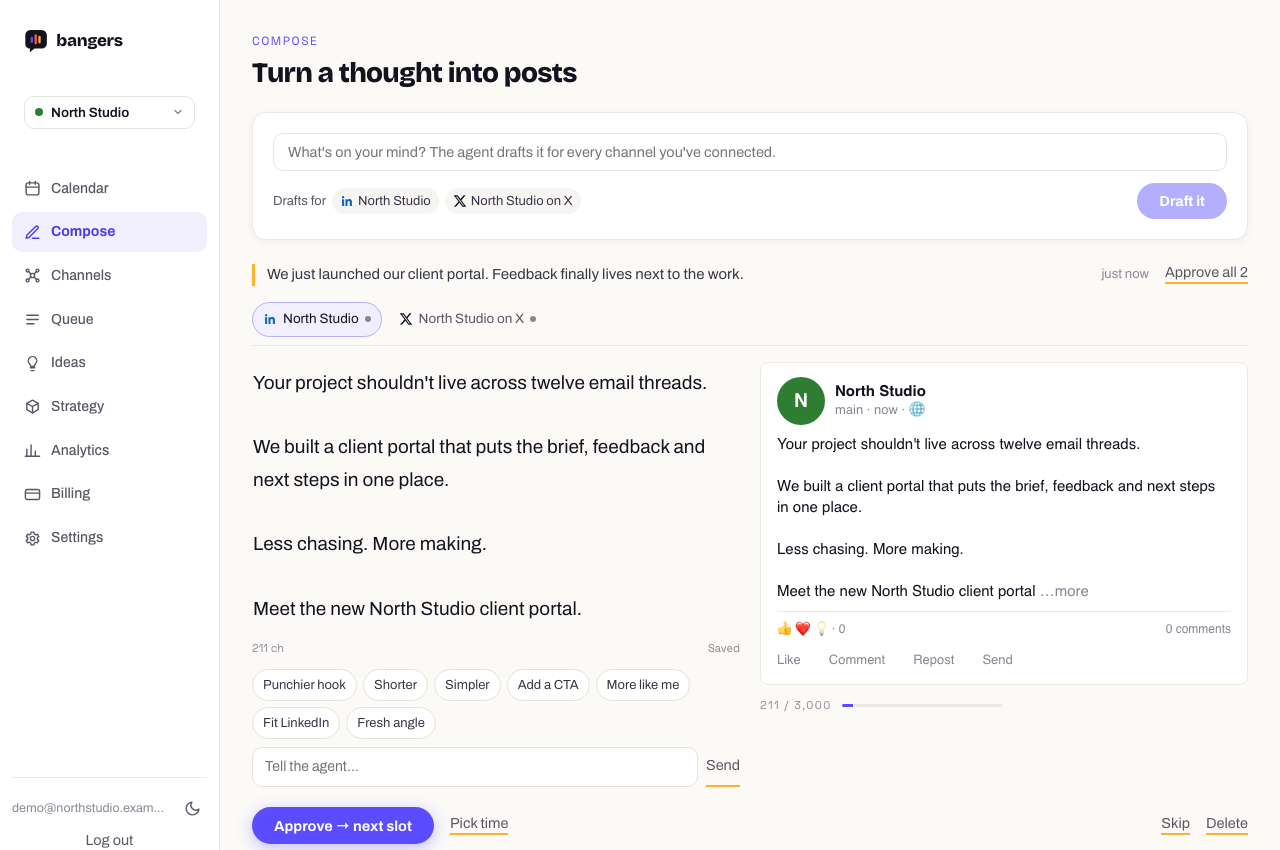 Actual Bangers Compose interface with demo drafts, LinkedIn preview, AI revision controls and approval