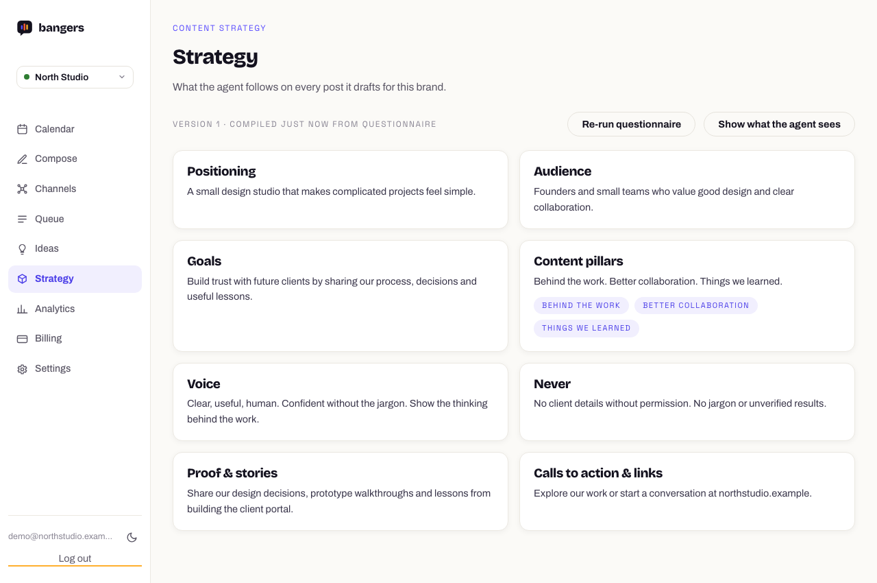 Actual Bangers Strategy interface with demo positioning, audience, goals, voice and content pillars